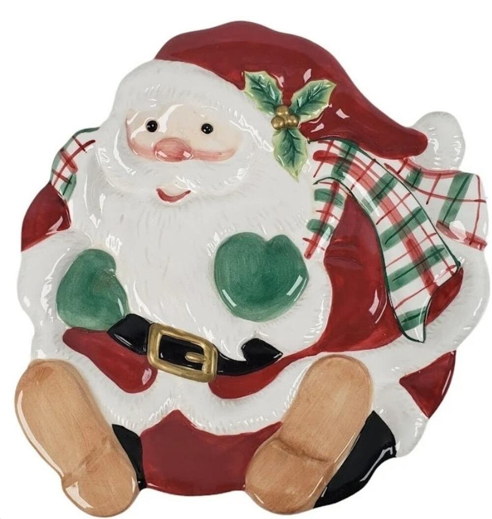 Fitz & Floyd Christmas Santa Claus Canape Plate or Display+Stand Red/Plaid/Holly